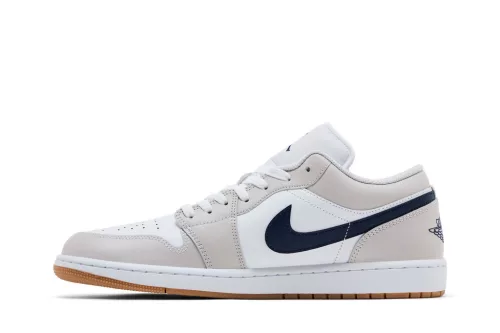 Jordan 1 Low Midnight Navy Neutral Grey férfi alacsony szárú utcai sneaker fehér szürke barna sötétkék