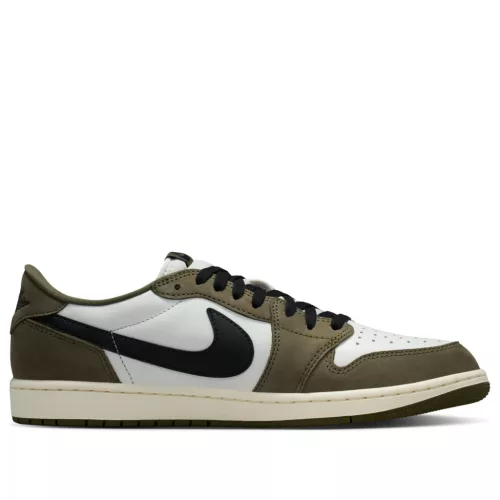 Jordan 1 Retro Low Medium Olive Summit White Sail Black alacsony szárú sneaker – termékfotó, oldalnézet