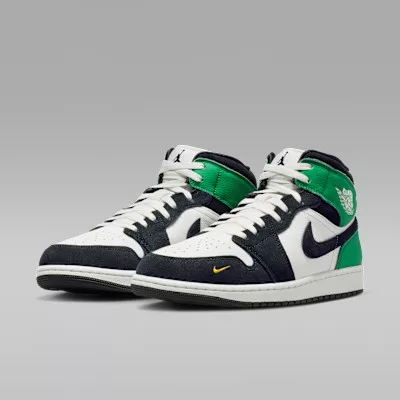 Air Jordan 1 Mid SE Lucky Green férfi közepes szárú utcai sneaker fehér zöld sárga fekete