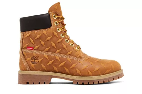 Supreme x Timberland 6 Inch Premium Waterproof Boot Embossed Diamond Plate Wheat férfi magas szárú bakancs búza utcai sneaker