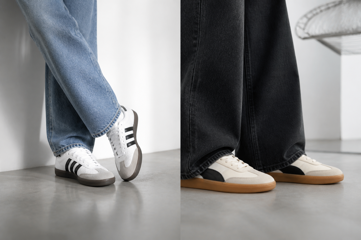 Adidas Samba és Puma Palermo összehasonlítása: retró sportcipők farmerhez és bő nadrághoz